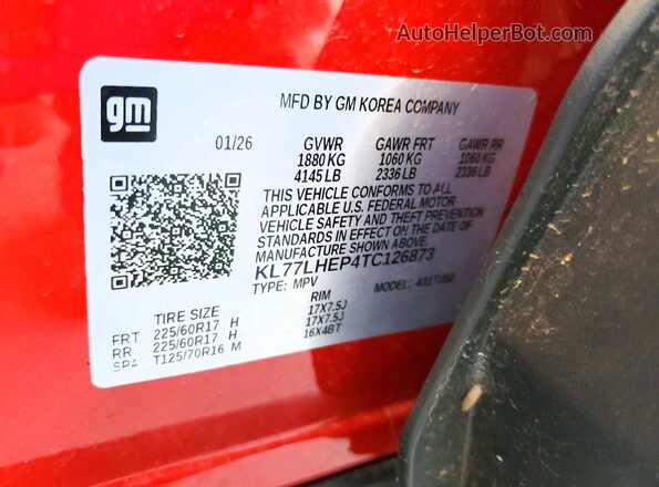 KL77LHEP4TC126873 2026 CHEVROLET TRAX Red VIN კოდის სტიკერის ხედი