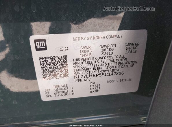 KL77LHEP5SC142806 2025 CHEVROLET TRAX Green Widok naklejki z numerem VIN