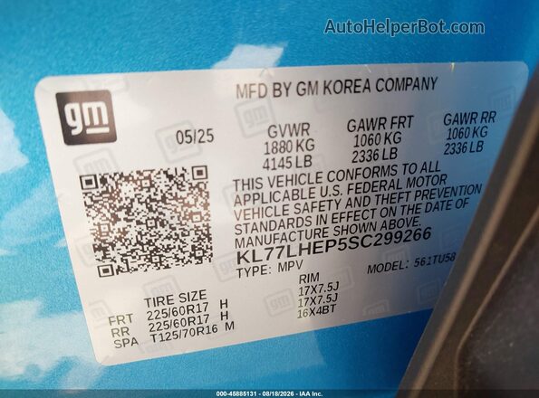 KL77LHEP5SC299266 2025 CHEVROLET TRAX Blue Widok komory silnika