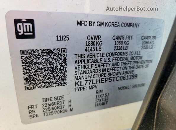 KL77LHEP5TC061399 2026 CHEVROLET TRAX Белый Вид наклейки с VIN-кодом