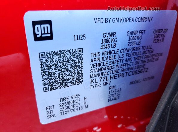 KL77LHEP6TC065672 2026 CHEVROLET TRAX Red Vista de la etiqueta del VIN