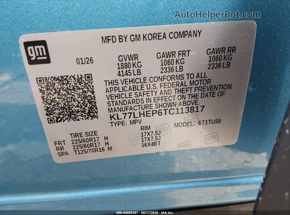 KL77LHEP6TC113817 2026 CHEVROLET TRAX Blue ძრავის განყოფილების ხედი