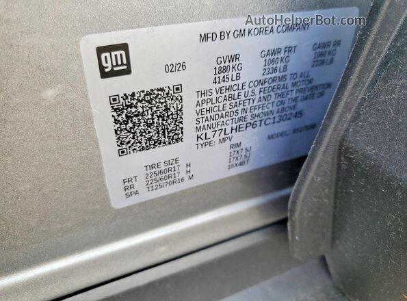 KL77LHEP6TC130245 2026 CHEVROLET TRAX Gray VIN sticker view