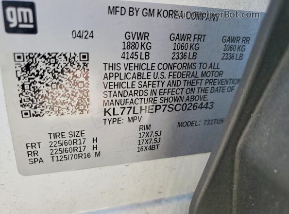 KL77LHEP7SC026443 2025 CHEVROLET TRAX White VIN კოდის სტიკერის ხედი