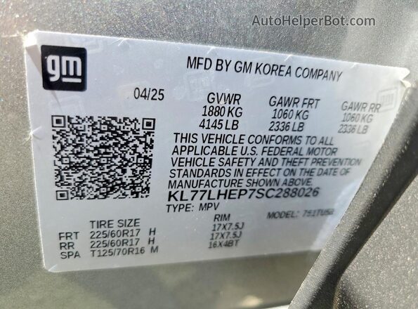 KL77LHEP7SC288026 2025 CHEVROLET TRAX Gray VIN կոդի պիտակի տեսք