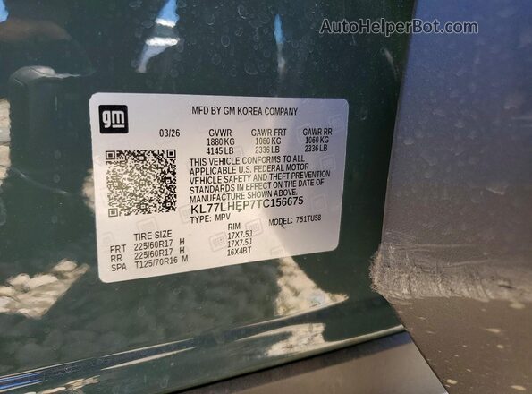 KL77LHEP7TC156675 2026 CHEVROLET TRAX Gray VIN sticker view