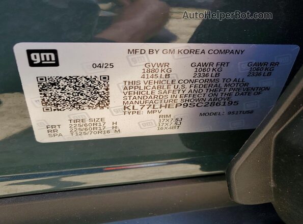 KL77LHEP9SC286195 2025 CHEVROLET TRAX Green VIN კოდის სტიკერის ხედი