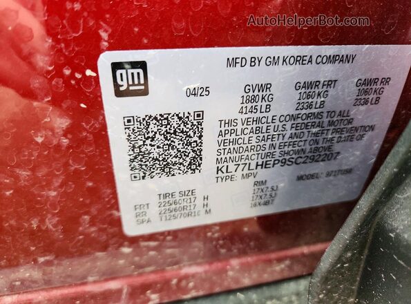 KL77LHEP9SC292207 2025 CHEVROLET TRAX Бордовый Вид наклейки с VIN-кодом