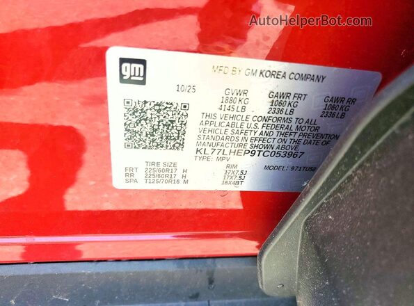 KL77LHEP9TC053967 2026 CHEVROLET TRAX Red Widok naklejki z numerem VIN