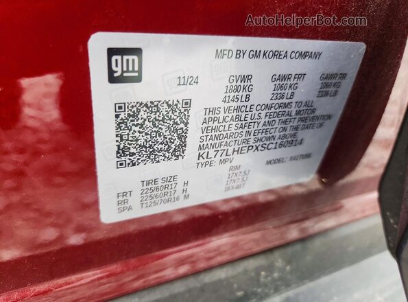 KL77LHEPXSC160914 2025 CHEVROLET TRAX Красный Вид наклейки с VIN-кодом