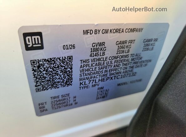 KL77LHEPXTC107132 2026 CHEVROLET TRAX White VIN კოდის სტიკერის ხედი