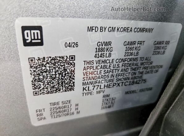 KL77LHEPXTC184275 2026 CHEVROLET TRAX Gray Widok naklejki z numerem VIN