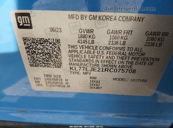 KL77LJE21RC075708 2024 CHEVROLET TRAX Синий Вид подкапотного пространства