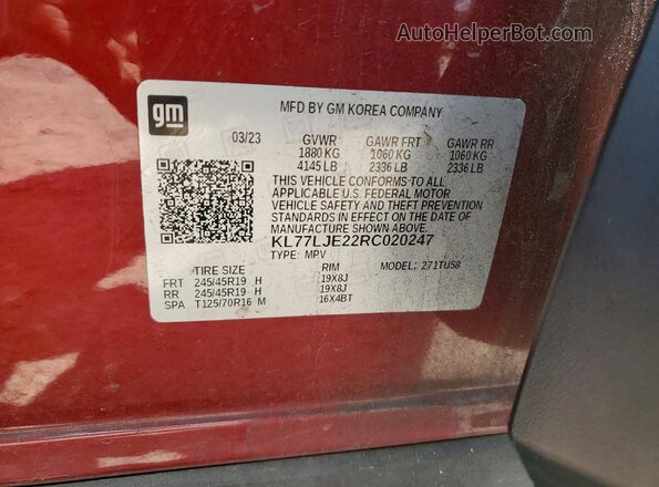 KL77LJE22RC020247 2024 CHEVROLET TRAX Бордовый Вид наклейки с VIN-кодом