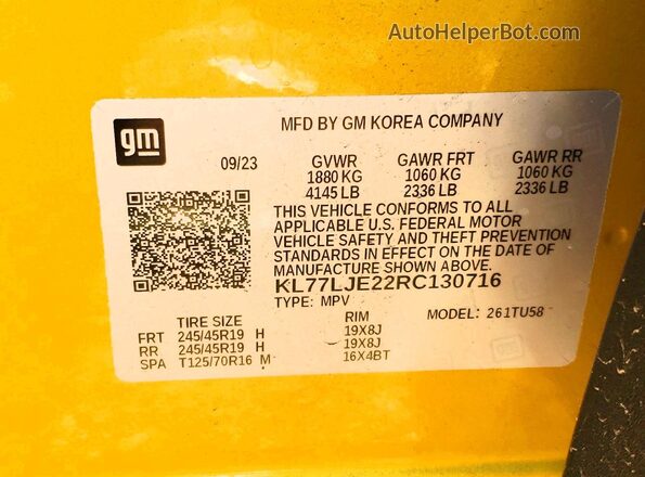 KL77LJE22RC130716 2024 CHEVROLET TRAX Yellow VIN sticker view