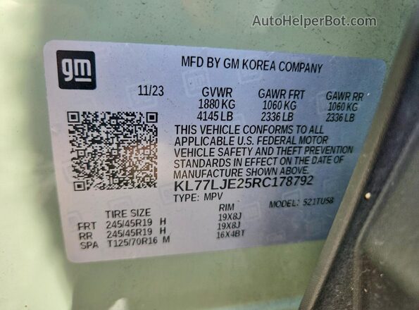 KL77LJE25RC178792 2024 CHEVROLET TRAX Зеленый Вид наклейки с VIN-кодом