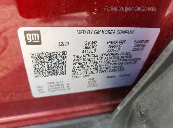 KL77LJE27RC186313 2024 CHEVROLET TRAX Red VIN sticker view
