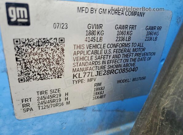 KL77LJE28RC085040 2024 CHEVROLET TRAX Blue VIN კოდის სტიკერის ხედი