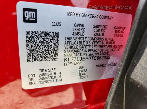 KL77LJEP0TC062032 2026 CHEVROLET TRAX Красный Вид наклейки с VIN-кодом