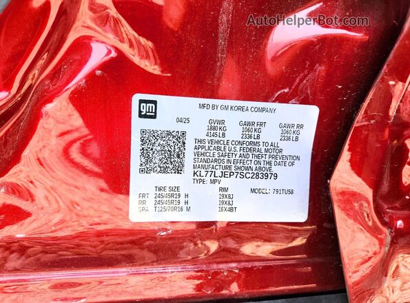KL77LJEP7SC283979 2025 CHEVROLET TRAX Red VIN sticker view