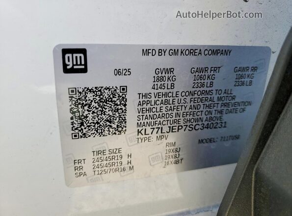 KL77LJEP7SC340231 2025 CHEVROLET TRAX White Vista de la etiqueta del VIN