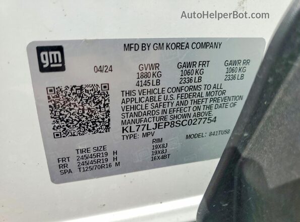 KL77LJEP8SC027754 2025 CHEVROLET TRAX Белый Вид наклейки с VIN-кодом