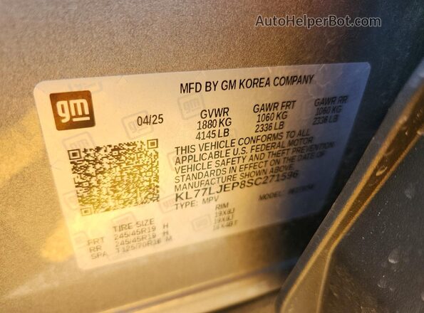 KL77LJEP8SC271596 2025 CHEVROLET TRAX Gray VIN sticker view