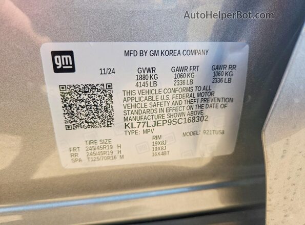 KL77LJEP9SC168302 2025 CHEVROLET TRAX Silver VIN sticker view