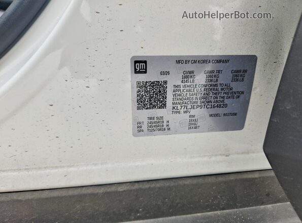 KL77LJEP9TC164820 2026 CHEVROLET TRAX White VIN კოდის სტიკერის ხედი