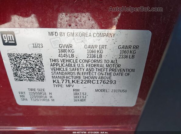 KL77LKE22RC176293 2024 CHEVROLET TRAX Red Շարժիչի բաժամունքի տեսք