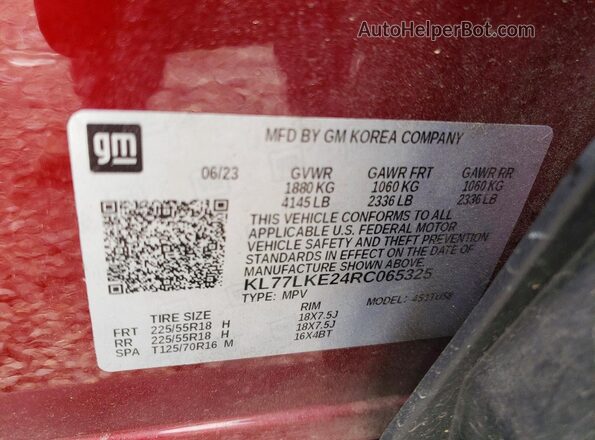 KL77LKE24RC065325 2024 CHEVROLET TRAX Maroon Vista de la etiqueta del VIN