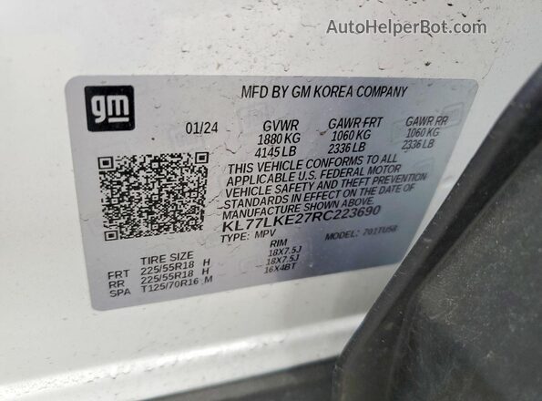 KL77LKE27RC223690 2024 CHEVROLET TRAX Белый Вид наклейки с VIN-кодом