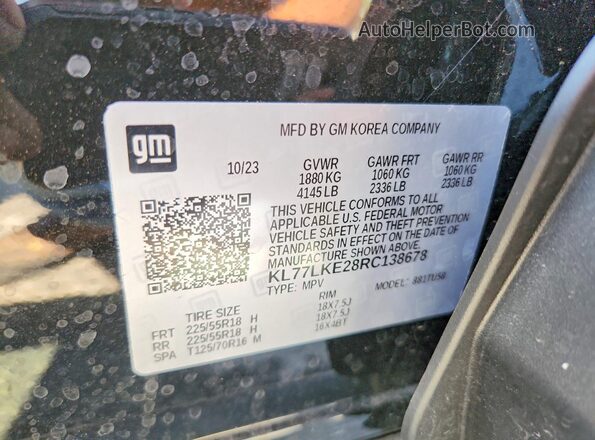 KL77LKE28RC138678 2024 CHEVROLET TRAX Black Vista de la etiqueta del VIN
