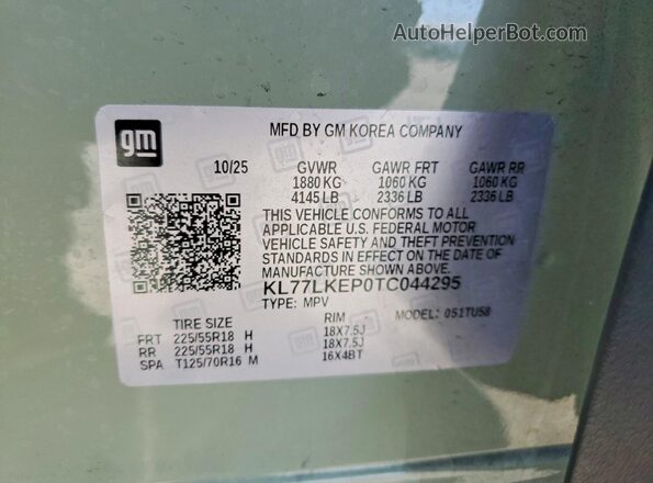 KL77LKEP0TC044295 2026 CHEVROLET TRAX Green VIN კოდის სტიკერის ხედი