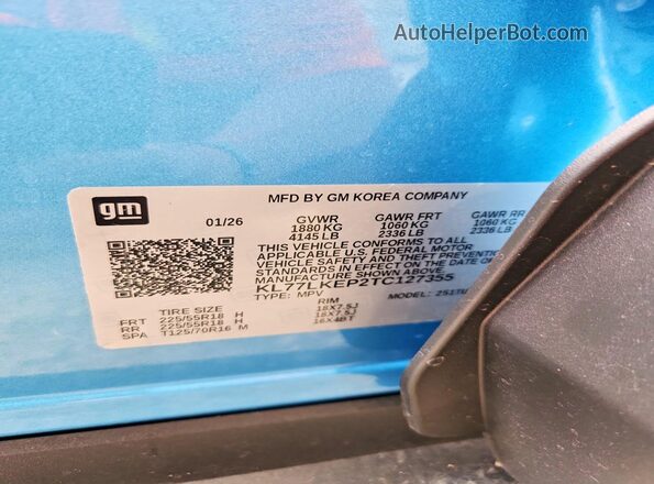 KL77LKEP2TC127355 2026 CHEVROLET TRAX Синий Вид наклейки с VIN-кодом