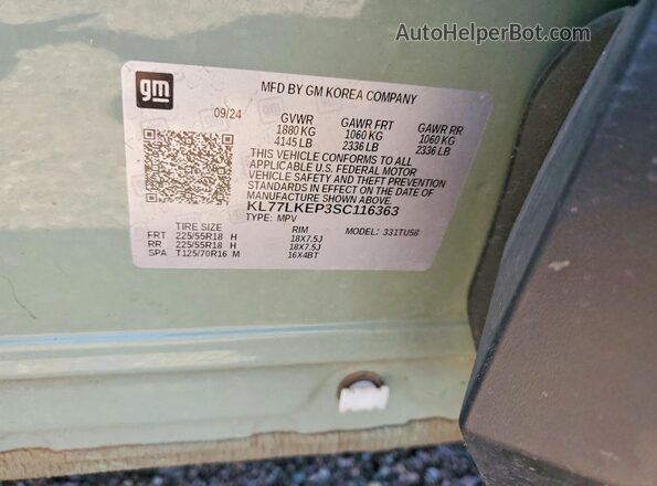 KL77LKEP3SC116363 2025 CHEVROLET TRAX Green Widok naklejki z numerem VIN