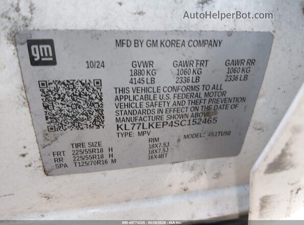 KL77LKEP4SC152465 2025 CHEVROLET TRAX White Вид підкапотного простору