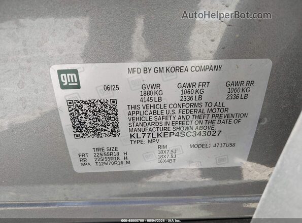 KL77LKEP4SC343027 2025 CHEVROLET TRAX Gray Widok komory silnika