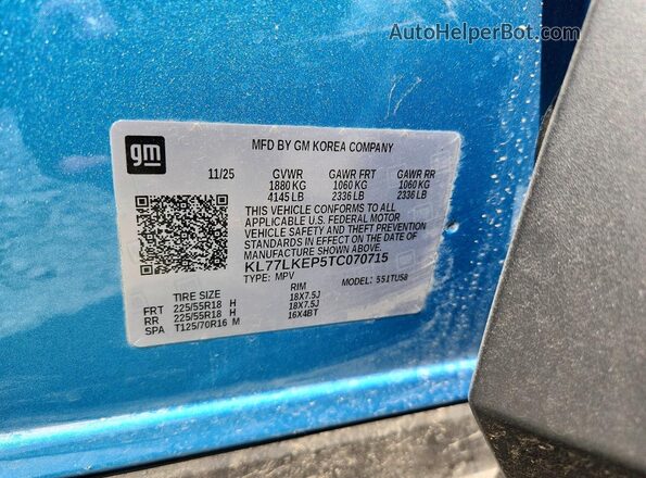 KL77LKEP5TC070715 2026 CHEVROLET TRAX Blue Панорамний вид салону 360°