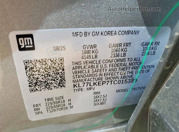 KL77LKEP7TC015389 2026 CHEVROLET TRAX Silver Vista interior de 360 grados