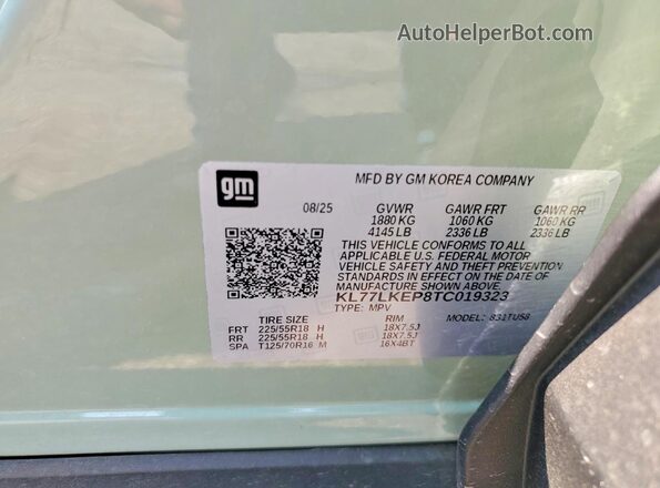 KL77LKEP8TC019323 2026 CHEVROLET TRAX Зеленый Вид наклейки с VIN-кодом