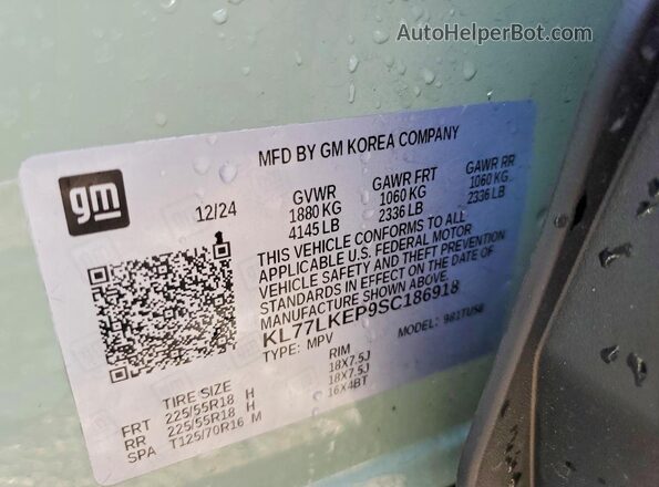 KL77LKEP9SC186918 2025 CHEVROLET TRAX Green Vista de la etiqueta del VIN
