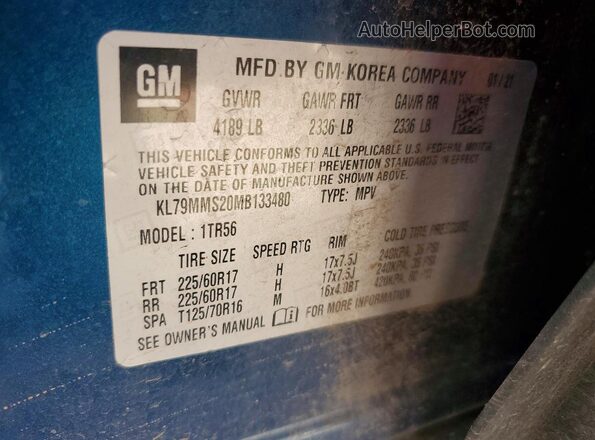 KL79MMS20MB133480 2021 CHEVROLET TRAILBLAZER Blue VIN კოდის სტიკერის ხედი