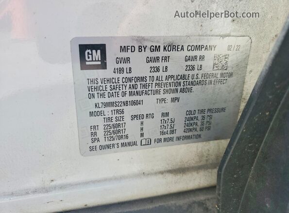 KL79MMS22NB106041 2022 CHEVROLET TRAILBLAZER White Vista de la etiqueta del VIN