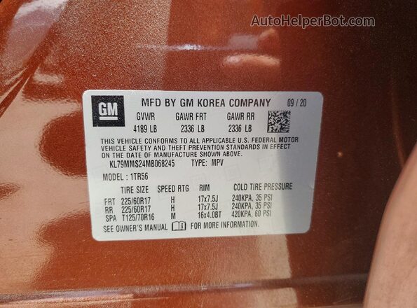 KL79MMS24MB068245 2021 CHEVROLET TRAILBLAZER Brown VIN კოდის სტიკერის ხედი