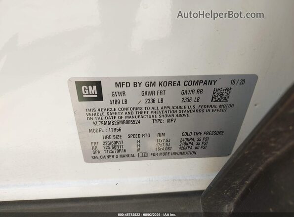 KL79MMS25MB085524 2021 CHEVROLET TRAILBLAZER White Vista del compartimento del motor