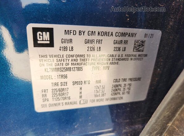 KL79MMS25MB127805 2021 CHEVROLET TRAILBLAZER Blue VIN კოდის სტიკერის ხედი