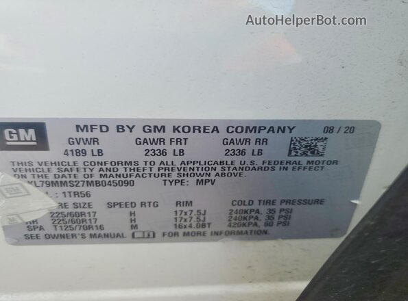 KL79MMS27MB045090 2021 CHEVROLET TRAILBLAZER White Widok naklejki z numerem VIN