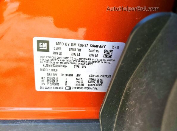 KL79MMS28NB013024 2022 CHEVROLET TRAILBLAZER Оранжевый Вид наклейки с VIN-кодом