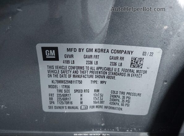 KL79MMS29NB117750 2022 CHEVROLET TRAILBLAZER Gray Вид підкапотного простору